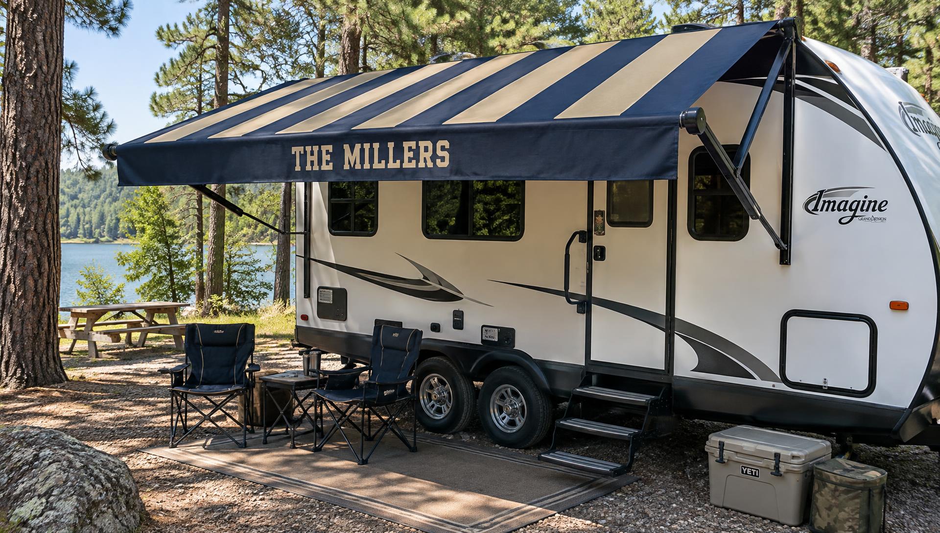 Example custom printed RV awning with navy and tan stripes