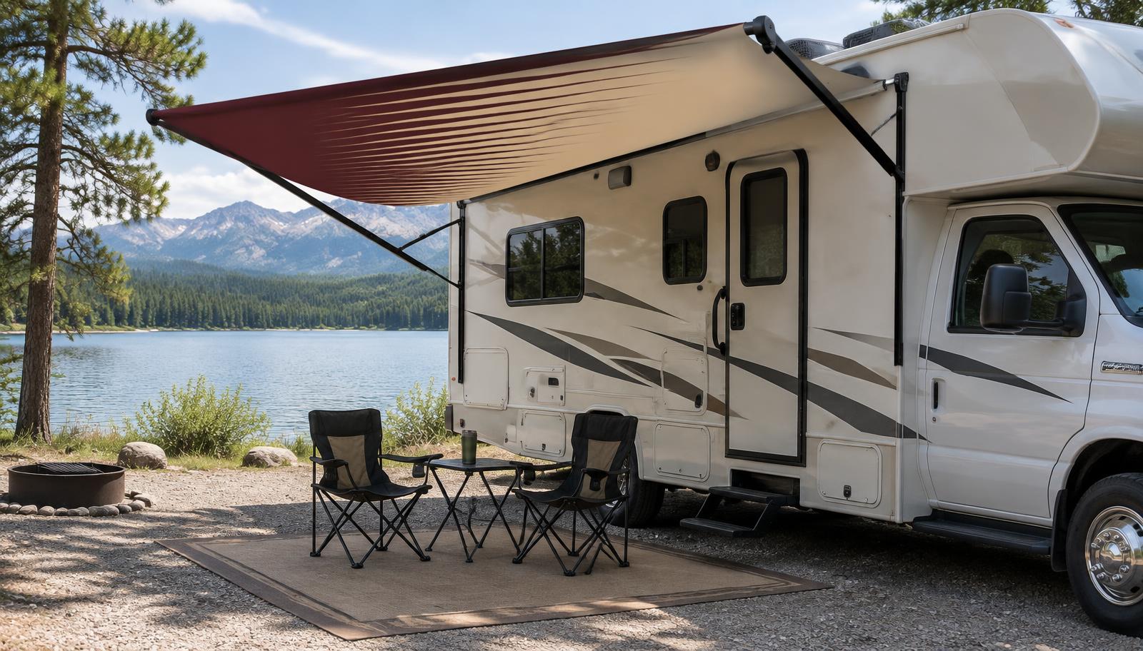 Example custom printed RV awning with burgundy and sand fade-style stripes