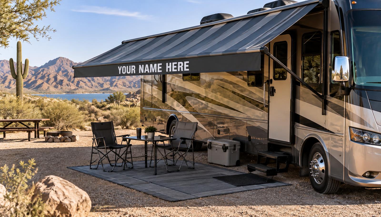 Example custom printed RV awning with charcoal and slate stripes and a name on the valance