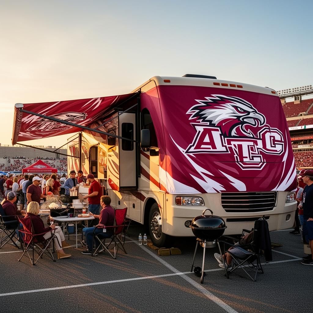 College Tailgating RV with custom-printed awning